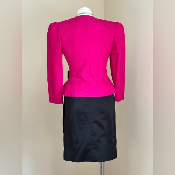 Vintage Black Satin Midi Skirt & Fuchsia Pink W Black Rose Bow Jacket Set NoTag. - Picture 3 of 16